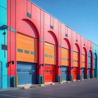 AI generated Rental units of self storage facilities, vibrant colors, industrial garage exterior For Social Media Post Size photo