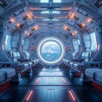 AI generated Spaceship interior with immersive window view, rendered in stunning 3D For Social Media Post Size photo