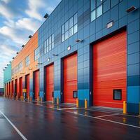 AI generated Colorful metal self storage units in warehouse setting, industry garage For Social Media Post Size photo