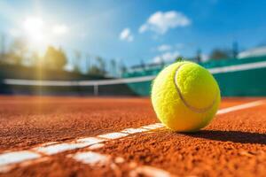 AI generated Close-Up Perspective of Tennis Ball and Racket on Clay Court photo