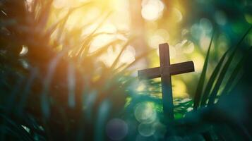 AI generated Palm Sunday Wooden Cross with Sunlit Bokeh Background photo