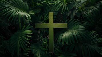 AI generated Palm Sunday Wooden Cross with Sunlit Bokeh Background photo