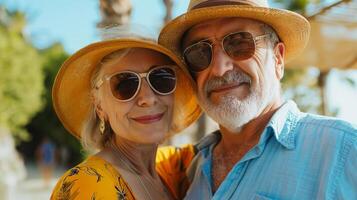 AI generated Golden Years Getaway. A joyful senior couple enjoying a vibrant summer vacation, showcasing timeless love and adventure in their golden years photo