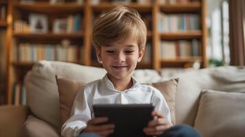 AI generated Young Boy Engrossed in Digital Tablet at Home photo