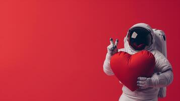 AI generated Valentine's Day in Outer Space. An astronaut cradling a heart represents the boundless reach of love on this special day photo