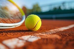 AI generated Close-Up Perspective of Tennis Ball and Racket on Clay Court photo