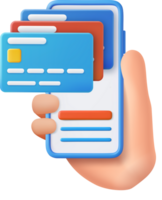 3D Hand holding mobile phone with credit card png