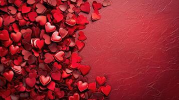 AI generated Valentine day background with red hearts, top view . copyspace photo