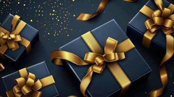 AI generated Elegant gift boxes with golden ribbon and bow. Happy Birthday celebration card banner template background photo