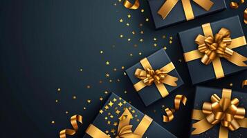 AI generated Elegant gift boxes with golden ribbon and bow. Happy Birthday celebration card banner template background photo