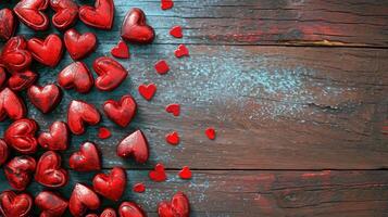 AI generated Valentine day background with red hearts, top view . copy space photo