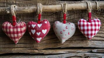 AI generated Gingham Love Valentine's hearts natural cord and red clips hanging on rustic driftwood texture background, copy space photo