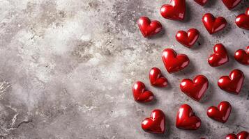 AI generated Valentine day background with red hearts, top view . copyspace photo