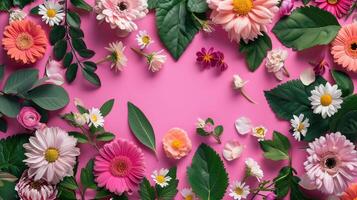 AI generated Creative layout made of flowers and leaves. Flat lay. Nature concept. Floral Greeting card. Colorful spring flower background, space for text. Nature Trendy Decorative Design. photo