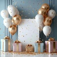 AI generated Party invitation with balloons, presents, and space for text For Social Media Post Size photo
