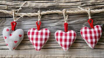AI generated Gingham Love Valentine's hearts natural cord and red clips hanging on rustic driftwood texture background, copy space photo