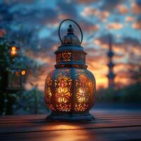 AI generated Lantern illuminates wooden table, creating serene ambiance for Ramadan For Social Media Post Size photo