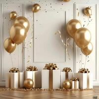 ai generado dorado globos y regalos conjunto el escena para celebracion invitación para social medios de comunicación enviar Talla foto