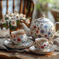 AI generated Tea set with charming floral design adds a touch of beauty For Social Media Post Size photo