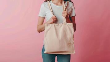 AI generated Woman is holding tote bag canvas fabric for mockup blank template. photo