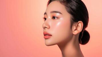 AI generated Young Asian beauty woman pulled back hair with korean makeup style on face and perfect skin on isolated pink background. Facial treatment, Cosmetology, plastic surgery. photo