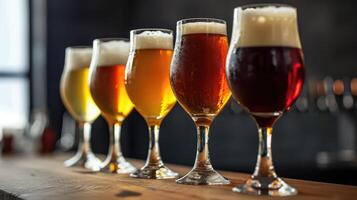 AI generated Glasses with different sorts of craft beer on wooden bar. Tap beer in pint glasses arranged in a row. Closeup of five glasses of different types of draught beer photo