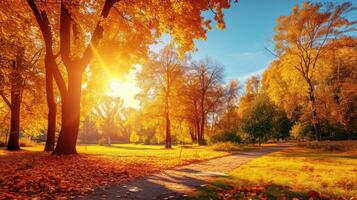 ai generado otoño escena. brillante vistoso paisaje amarillo arboles en otoño parque. otoño naturaleza. foto