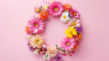 AI generated Spring wreath made of colorful flowers on pink background, place for text, holiday concept. Flat lay photo