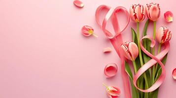 AI generated Figure 8 made of ribbon and tulip flowers for International Women's Day celebration on pink background with space for text photo