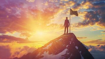 AI generated business, success, leadership, achievement and people concept - silhouette of businessman with flag on mountain top over sky and sun light background photo