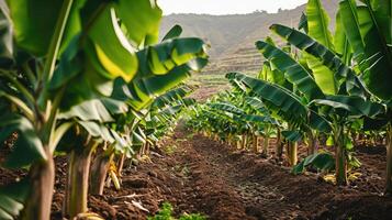 AI generated Lush farm field with thriving bananas and foliage, eco-friendly agriculture. Located in Tenerife, Canary Islands, open for tourists photo