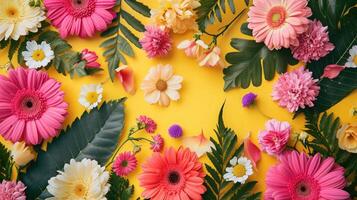AI generated Creative layout made of flowers and leaves. Flat lay. Nature concept. Floral Greeting card. Colorful spring flower background, space for text. Nature Trendy Decorative Design. photo