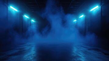 AI generated dark empty street, dark blue background, an empty dark scene, neon light, spotlights The asphalt floor and studio room with smoke float up the interior texture. night view photo