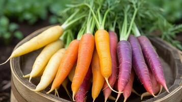 ai generado Fresco arco iris zanahorias escogido desde el jardín foto