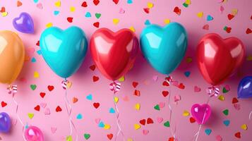 AI generated Birthday colorfull hearts balloons background design. Happy birthday colorfull hearts balloon and confetti decoration element for birth day celebration greeting card design photo