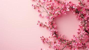 AI generated Flowers composition. Wreath made of pink flowers on pink background. Flat lay, top view, copy space photo