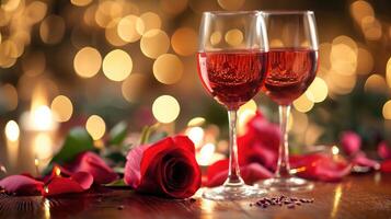 AI generated Valentines wine and rose,heart background photo