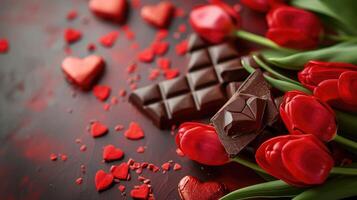 AI generated Valentines Day background with chocolates, hearts and red tulips photo