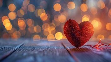 AI generated Red heart, valentine day greeting card. Bokeh background. photo