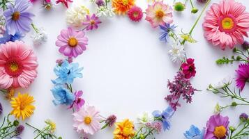 AI generated Flowers composition. Wreath made of various colorful flowers on white background. Easter, spring, summer concept. Flat lay, top view, copy space photo
