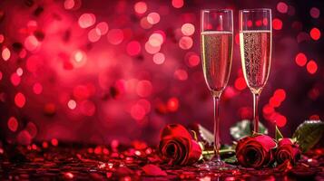 AI generated Valentines day background with champagne glasses and red roses photo