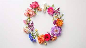 AI generated Flowers composition. Wreath made of various colorful flowers on white background. Easter, spring, summer concept. Flat lay, top view, copy space photo