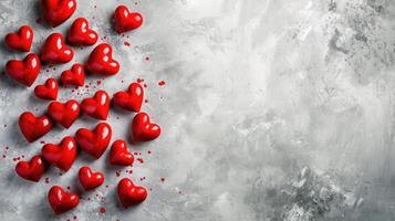 AI generated Valentine day background with red hearts, top view . copy space photo