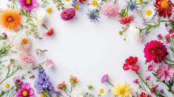 AI generated Flowers composition. Wreath made of various colorful flowers on white background. Easter, spring, summer concept. Flat lay, top view, copy space photo