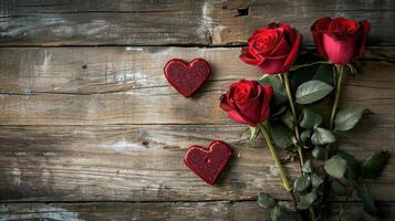 AI generated Roses and a hearts on wooden board, Valentines Day background, wedding day photo