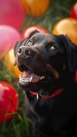 AI generated Festive furry friend Dog enjoys festivities among colorful decorations Vertical Mobile Wallpaper photo