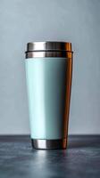 AI generated Metallic thermo cup with warm beverages, stainless steel container concept Vertical Mobile Wallpaper photo