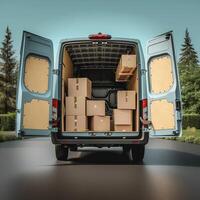 AI generated Open cargo van with cardboard boxes, concept of moving For Social Media Post Size photo