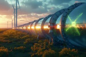 AI generated Green hydrogen concept Hydrogen pipeline foreground, wind turbines background photo