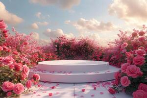 AI generated White podium on red roses garden, under summer evening sky photo